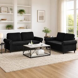 2 Piece Sofa Set with Cushions Black Velvet Lounge Suite Comfortable Seating