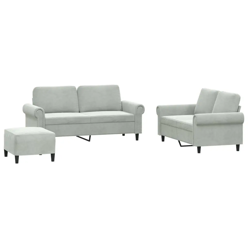 3 Piece Sofa Set with Footstool Grey Velvet Lounge Suite Living Room Furniture