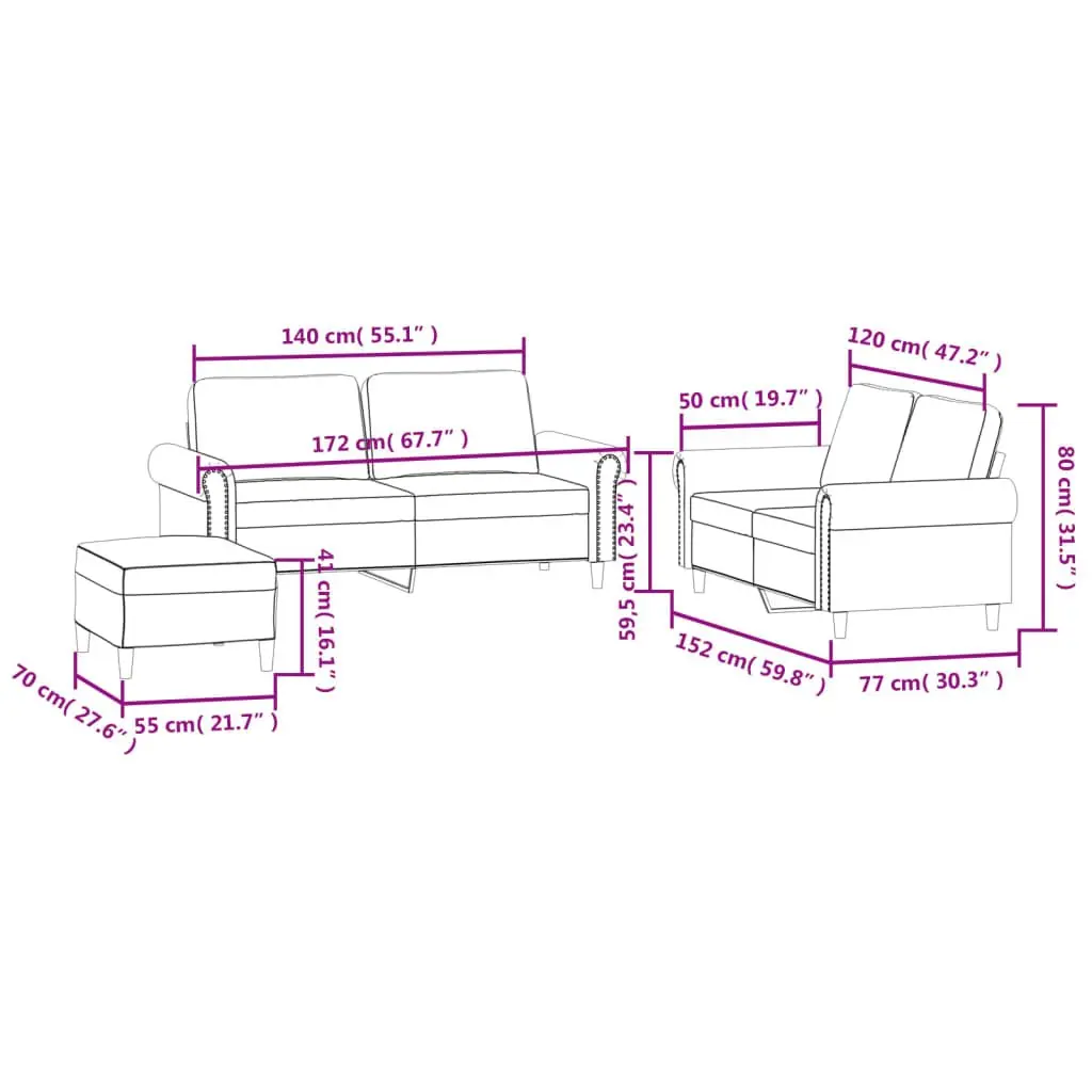 3 Piece Sofa Set with Footstool Grey Velvet Lounge Suite Living Room Furniture