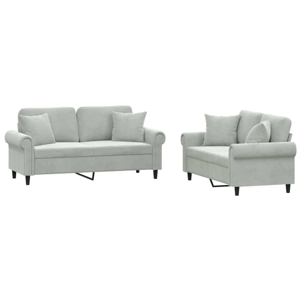 2 Piece Sofa Set Grey Velvet with Pillows Comfortable Sectional Living Room