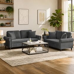 2 Piece Sofa Set with Throw Pillows Grey Velvet Living Room Furniture Couch