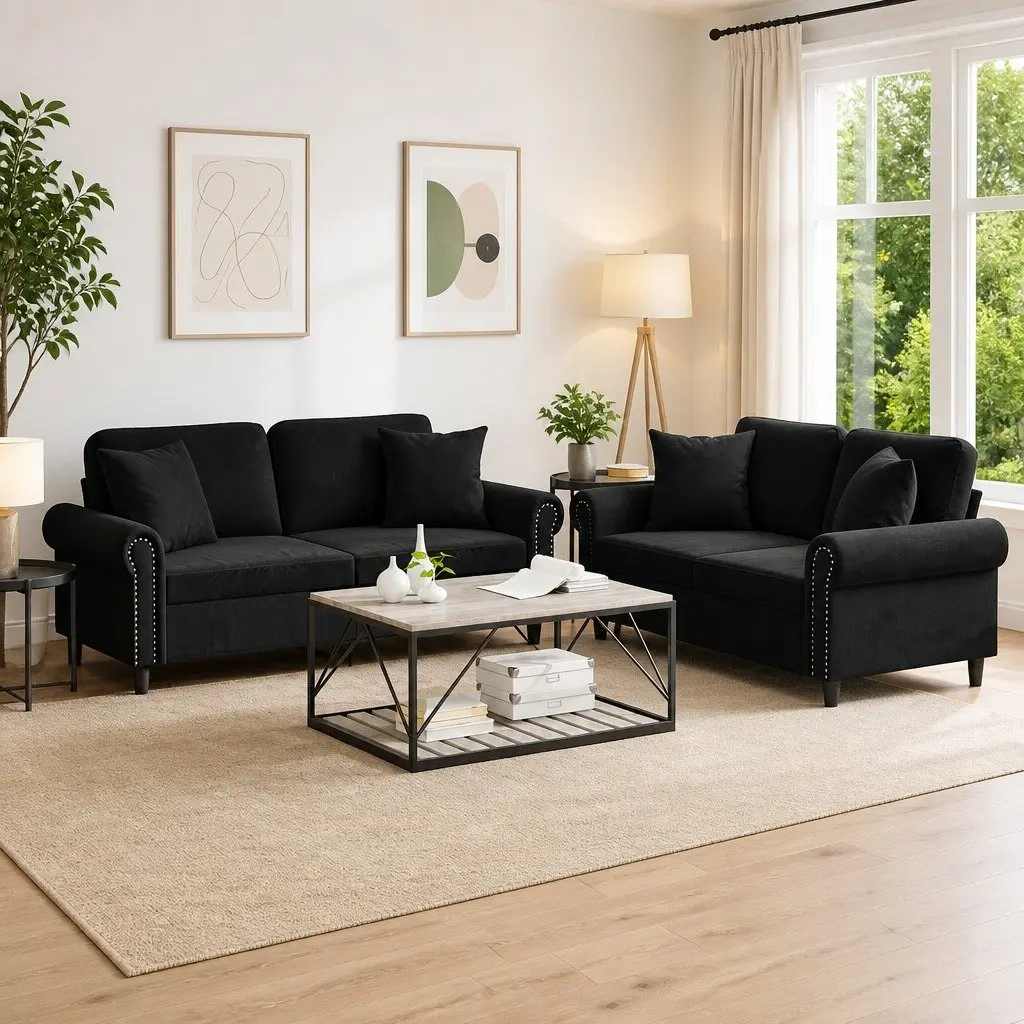 2 Piece Sofa Set Soft Velvet Upholstery Black with Throw Pillows