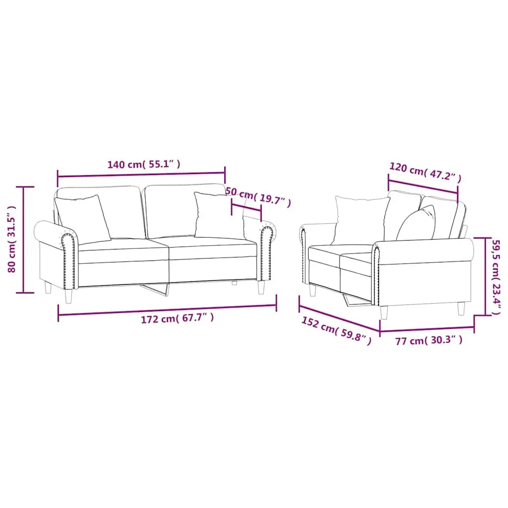 2 Piece Sofa Set Soft Velvet Upholstery Black with Throw Pillows