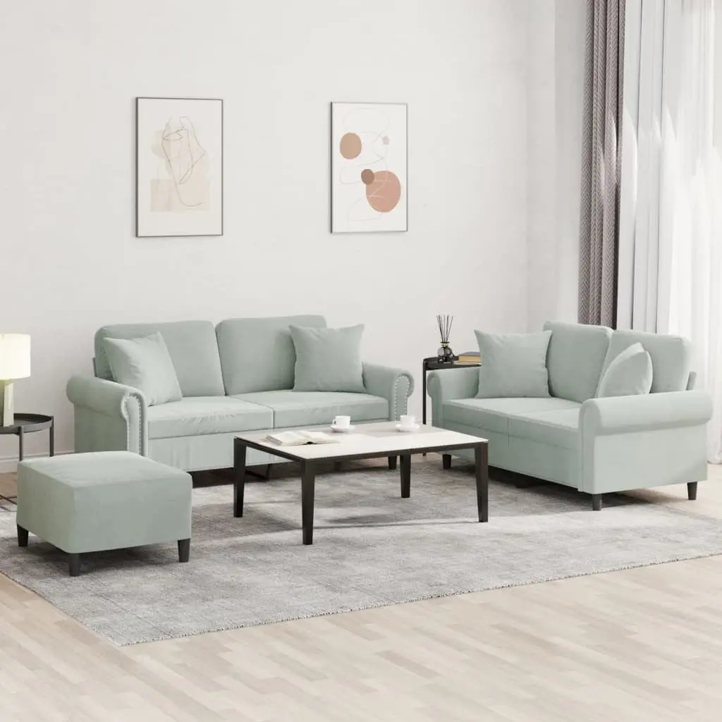 3 Piece Sofa Set Grey Velvet Couch with Pillows Footstool Living Room Furniture