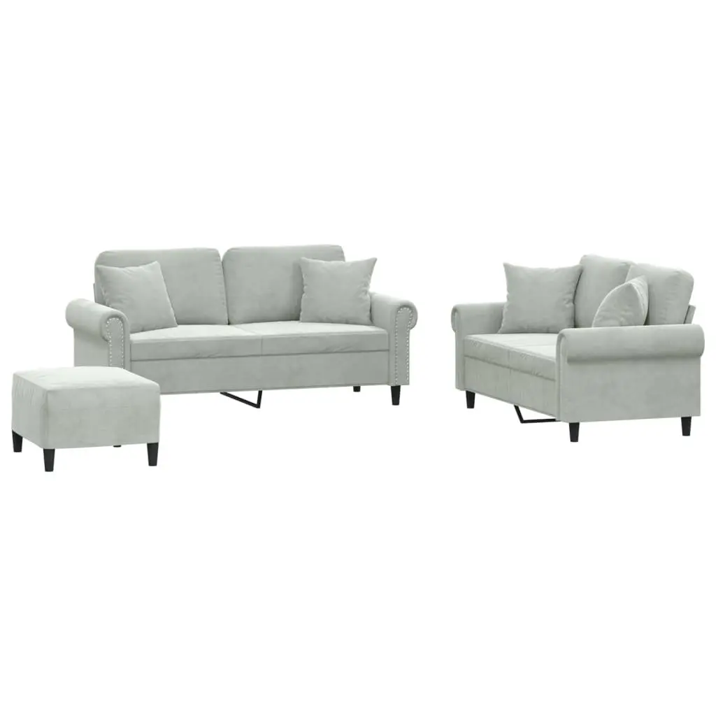 3 Piece Sofa Set Grey Velvet Couch with Pillows Footstool Living Room Furniture