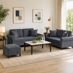 3 Piece Sofa Set Grey Velvet Couch with Pillows Footstool Living Room Furniture
