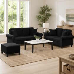 3 Piece Sofa Set Black Velvet Couch with Throw Pillows Footstool Living Room