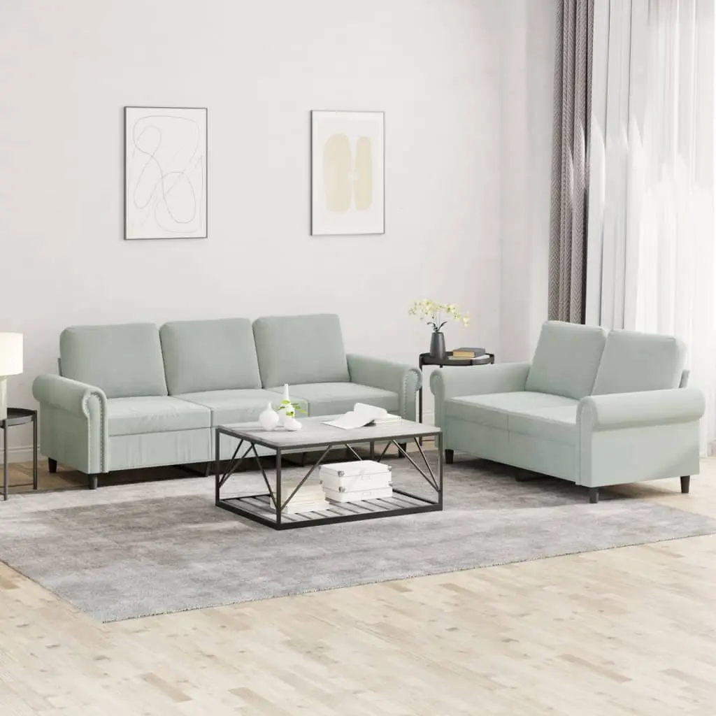 Sofa Set Two Piece Soft Velvet Grey with Cushions