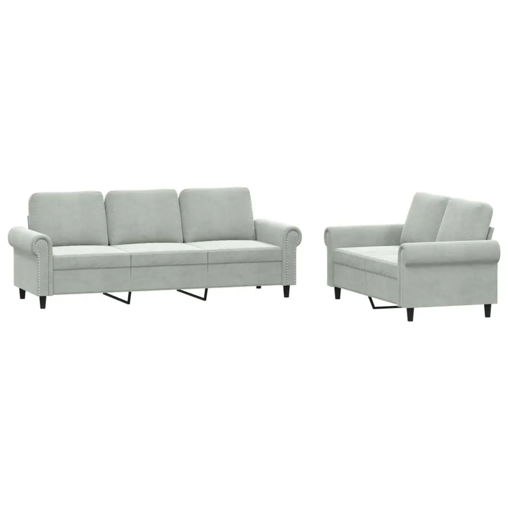Sofa Set Two Piece Soft Velvet Grey with Cushions