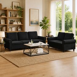 2 Piece Sofa Set Black Velvet Cushions Living Room Furniture Couch Suite