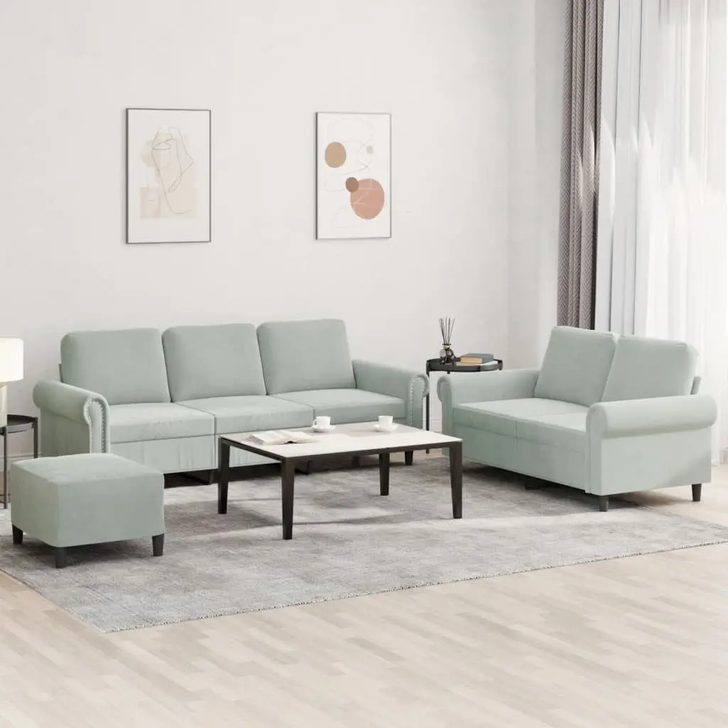 3 Piece Sofa Set Velvet Grey Compact Lounge Suite with Cushions and Footstool