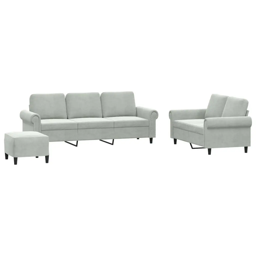 3 Piece Sofa Set Velvet Grey Compact Lounge Suite with Cushions and Footstool