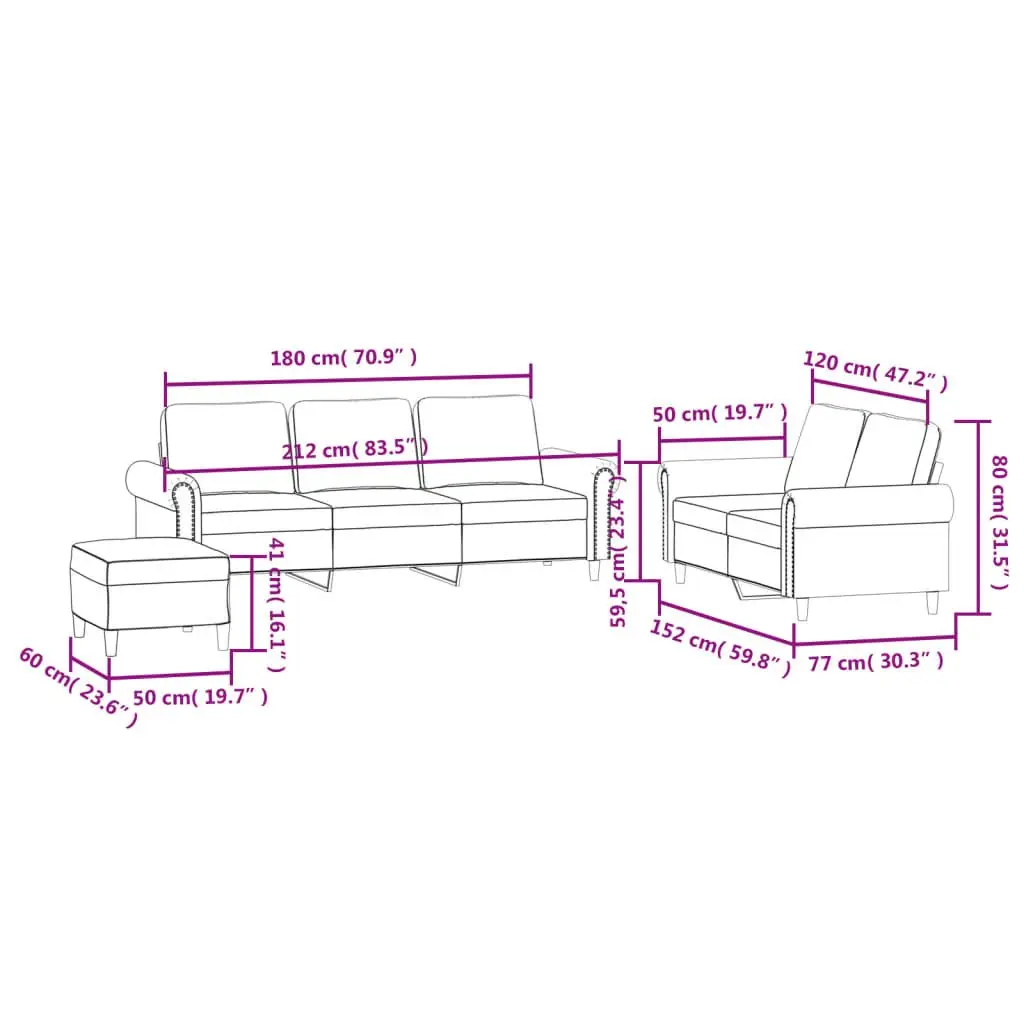 3 Piece Sofa Set Velvet Grey Compact Lounge Suite with Cushions and Footstool