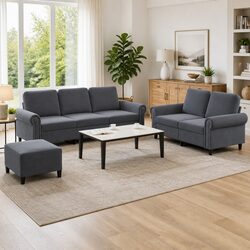 3 Piece Sofa Set with Footstool Grey Velvet Lounge Suite Living Room Furniture