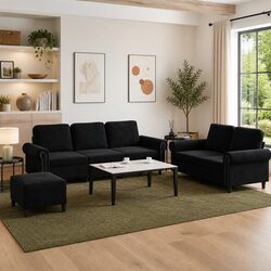 3 Piece Sofa Set with Cushions Black Velvet Lounge Suite Armchair Footstool