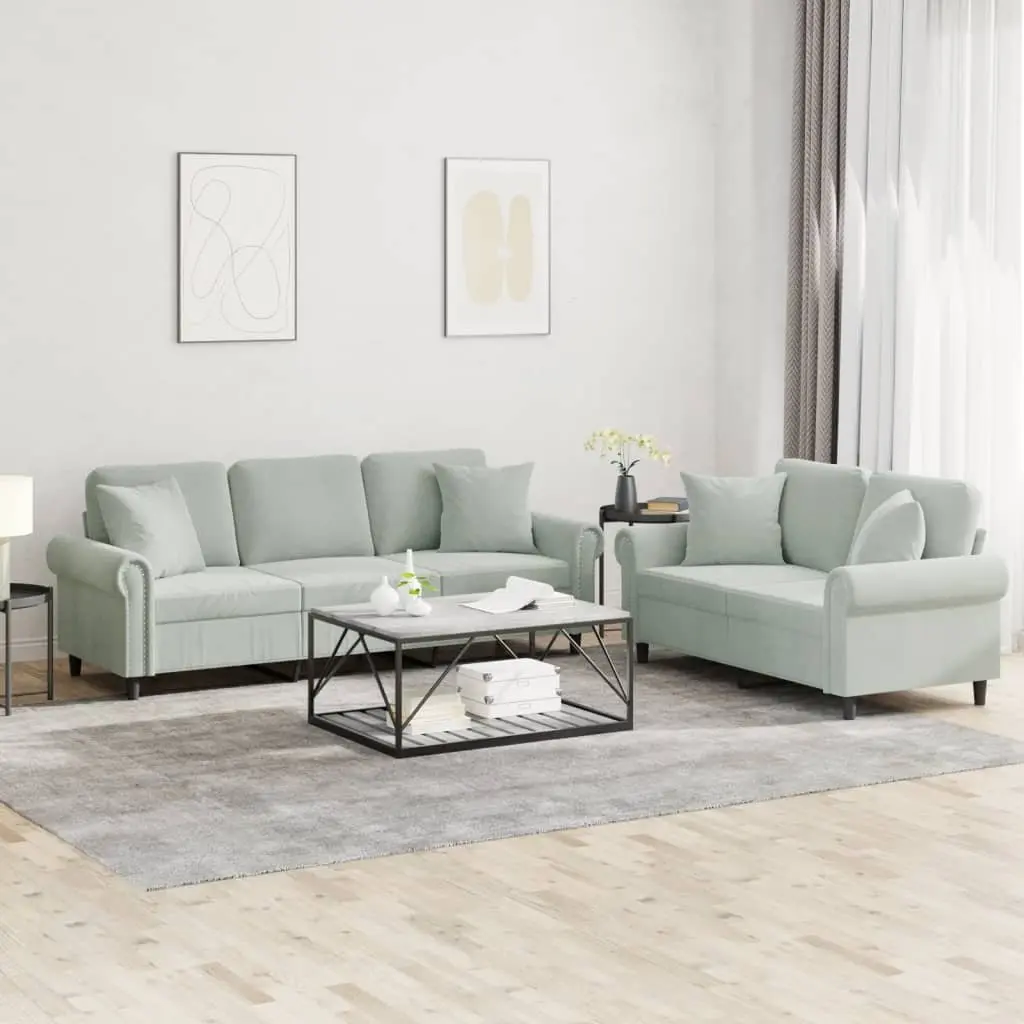 2 Piece Sofa Set with Throw Pillows Grey Velvet Couch Living Room Furniture