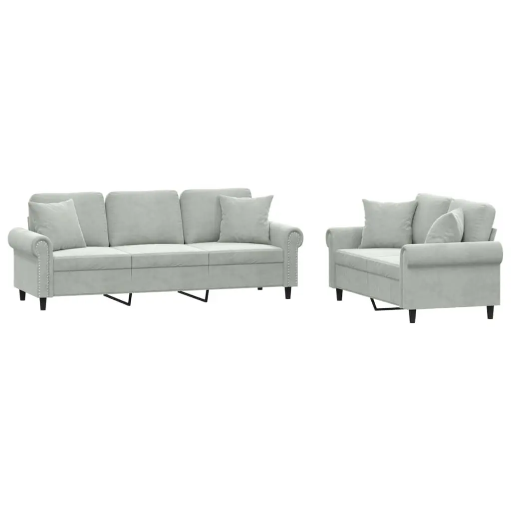 2 Piece Sofa Set with Throw Pillows Grey Velvet Couch Living Room Furniture