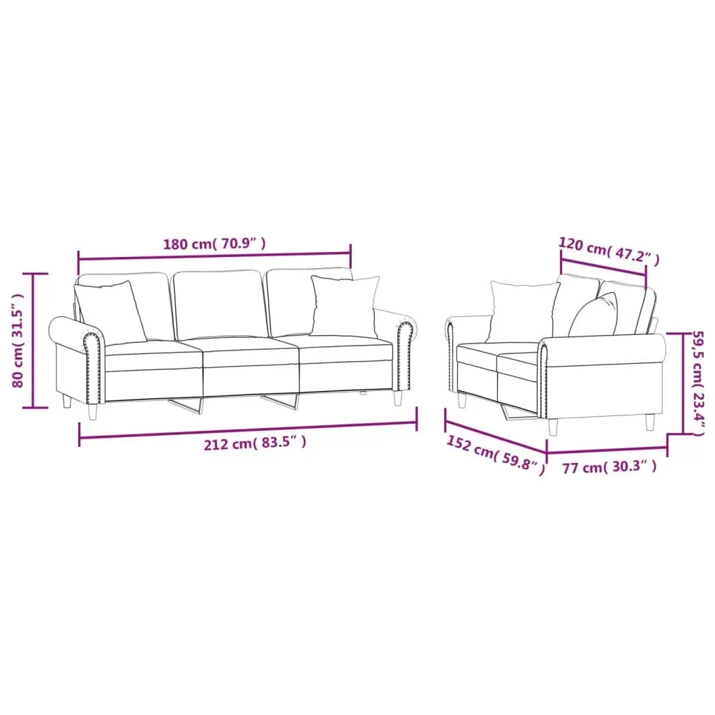 2 Piece Sofa Set with Throw Pillows Grey Velvet Couch Living Room Furniture