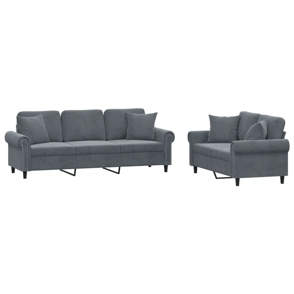 2 Piece Sofa Set Velvet Upholstery Grey with Throw Pillows