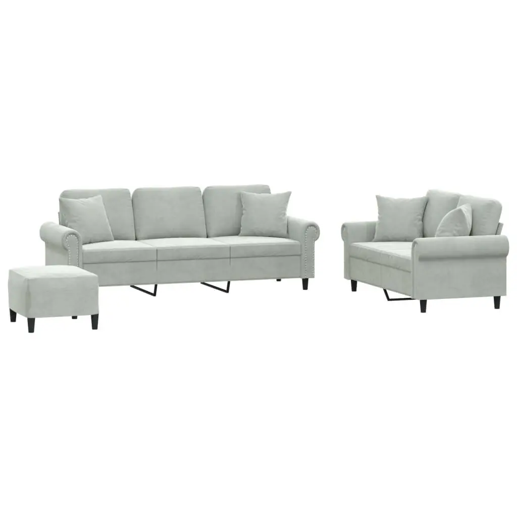 3 Piece Sofa Set Grey Velvet Couch with Throw Pillows Footstool Living Room