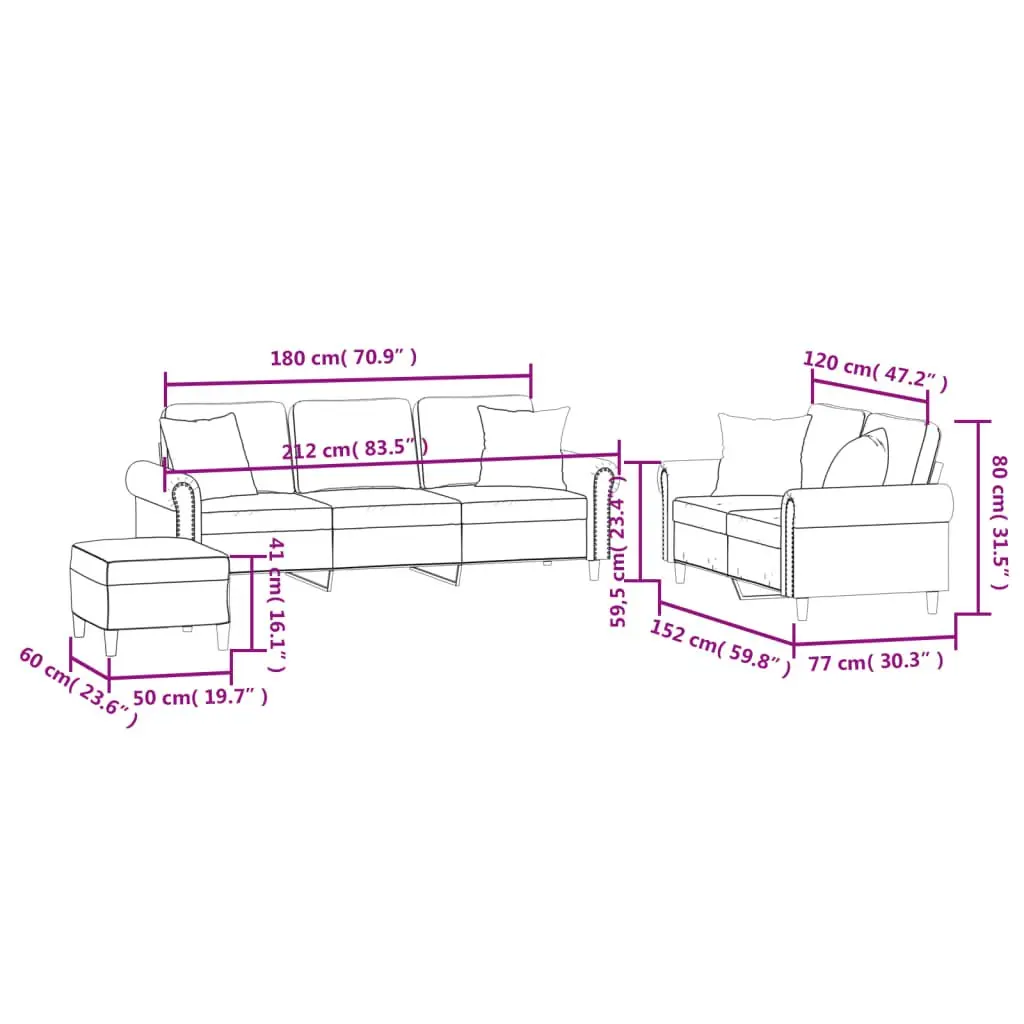 3 Piece Sofa Set Grey Velvet Couch with Throw Pillows Footstool Living Room