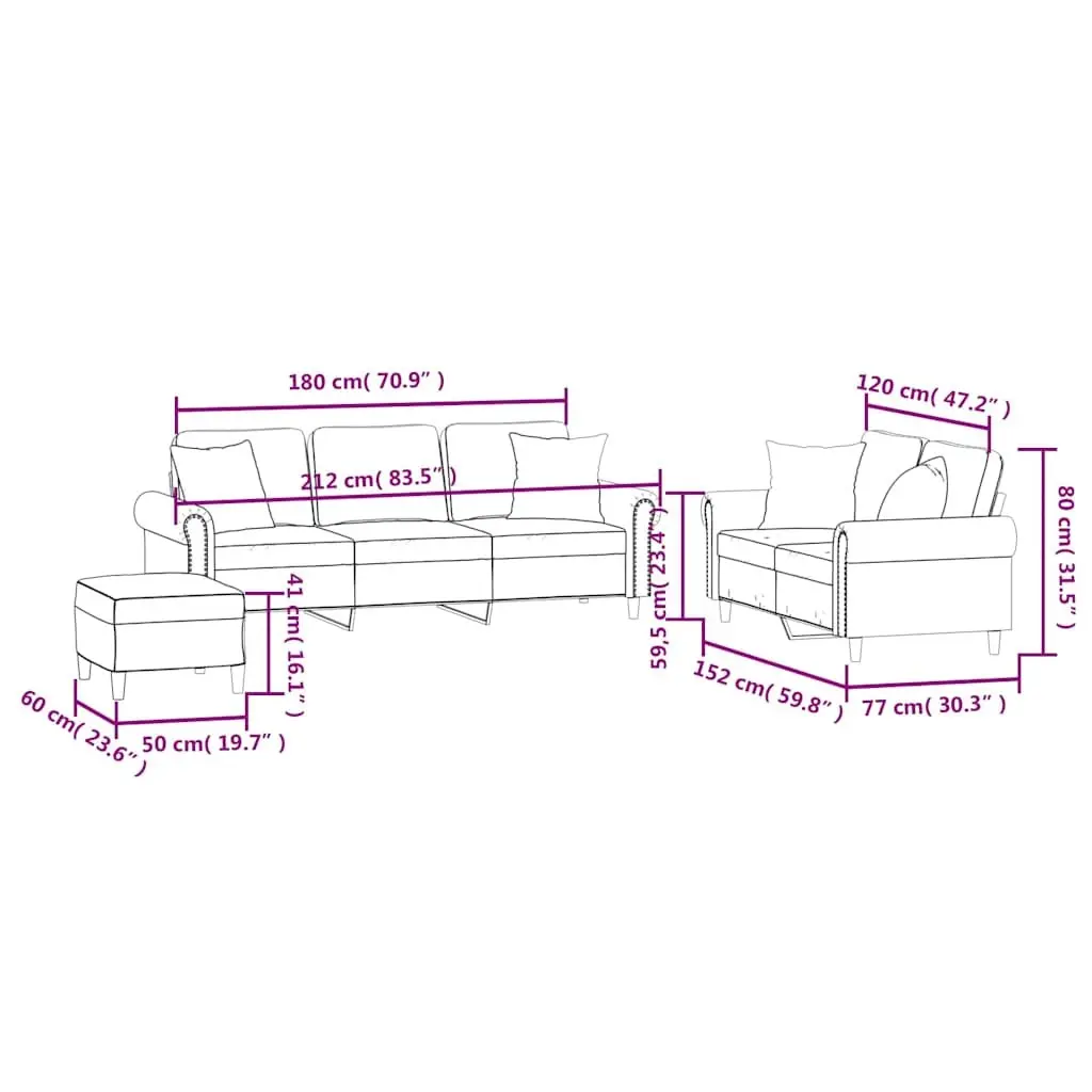3 Piece Sofa Set Velvet Black with Throw Pillows and Footstool