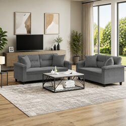 2 Piece Sofa Set Grey Microfibre Fabric Lounge Suite with Throw Pillows
