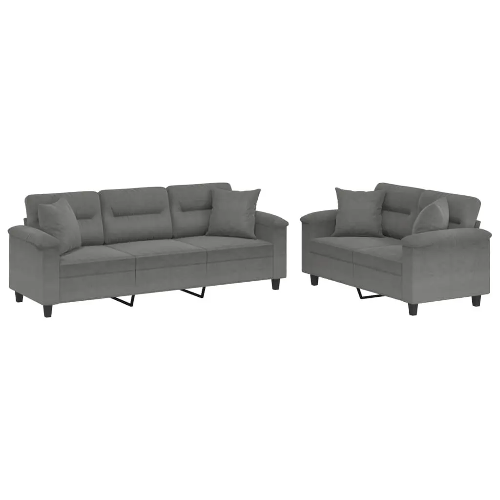 2 Piece Sofa Set Grey Microfibre Fabric Lounge with Throw Pillows