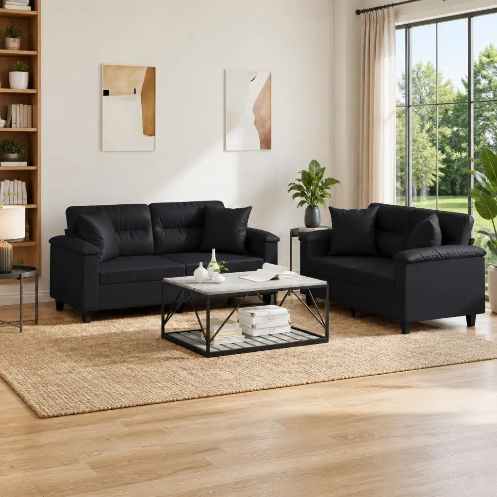 2 Piece Sofa Set Faux Leather Black Living Room Furniture