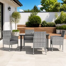 5 Piece Garden Dining Set Grey Poly Rattan Steel Frame Outdoor Furniture Patio