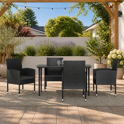 5 Piece Outdoor Garden Dining Set Black Poly Rattan Steel Table Chairs Patio