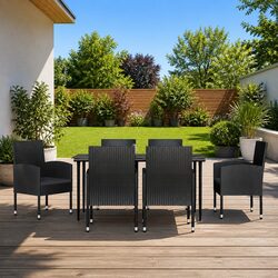 7 Piece Garden Dining Set Black Poly Rattan Steel Outdoor Patio Furniture Table