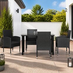 5 Piece Garden Dining Set Black Poly Rattan Steel Frame Outdoor Patio Furniture