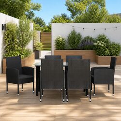 7 Piece Garden Dining Set Black Poly Rattan Steel Table Chairs Outdoor Patio