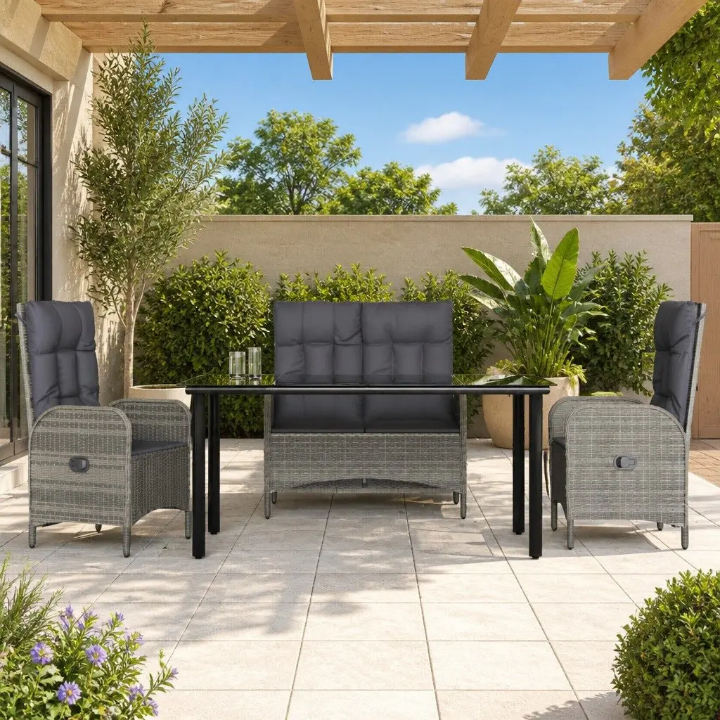 Garden Dining Set 4 Piece Outdoor Furniture Grey Poly Rattan Table Chairs Bench