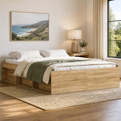Bed Frame Storage Compartments Brown Engineered Wood Plywood Slats 150x200 cm