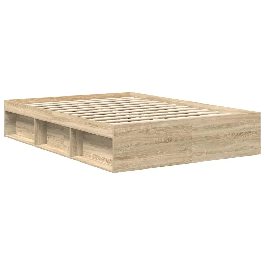 Bed Frame Queen Size Brown Wooden with Storage Compartments