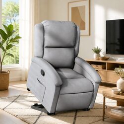 Stand Up Recliner Chair Light Grey Fabric Electric Power Lift Manual Reclining