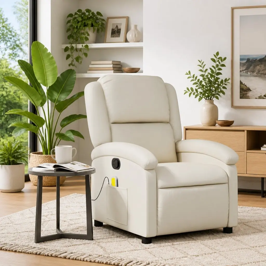 Massage Recliner Chair Manual Recline Vibration Cream Faux Leather