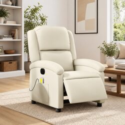 Electric Massage Recliner Chair Cream Faux Leather Armchair Adjustable Footrest