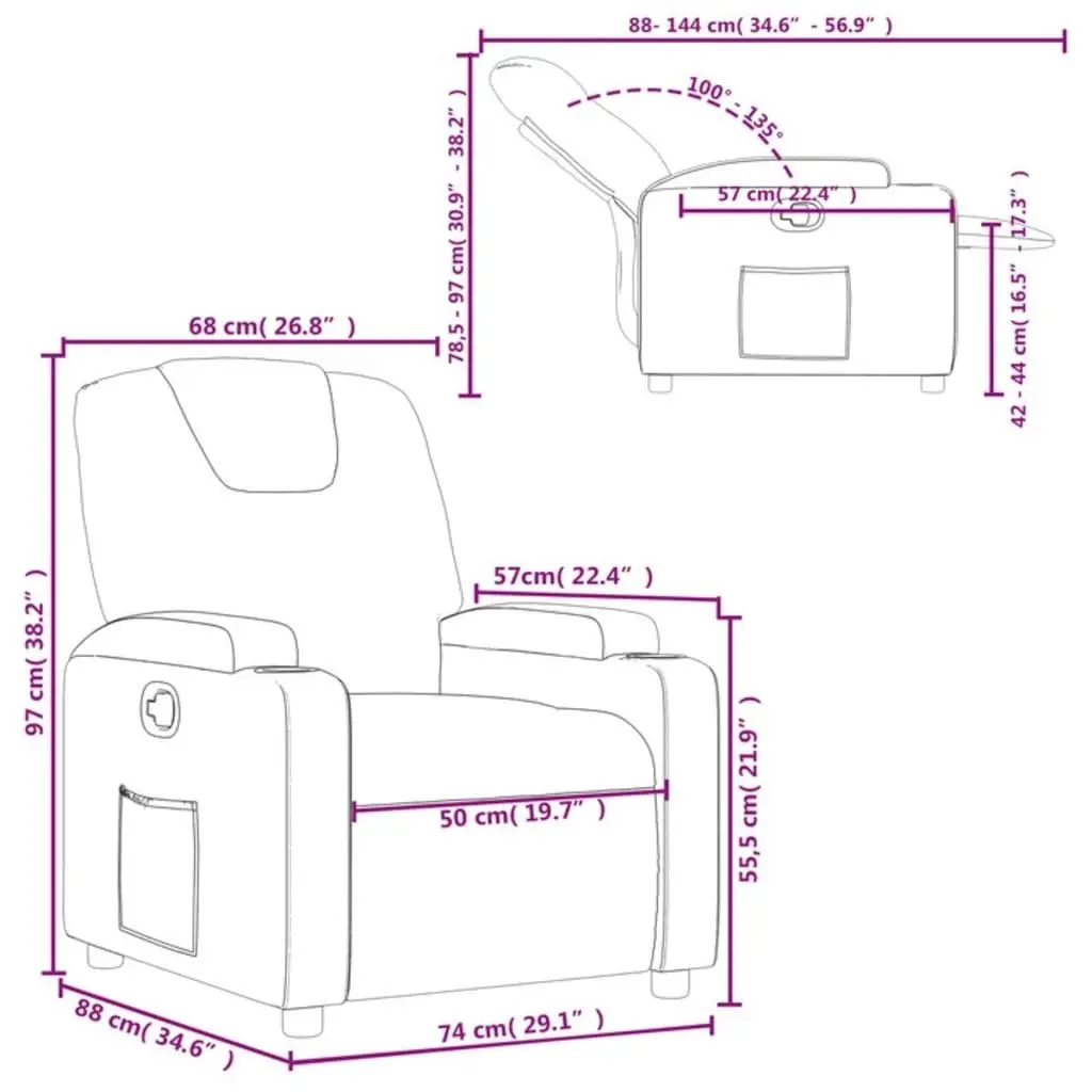 Recliner Chair Grey Fabric Manual Recline Armchair with Cup Holders Side Pocket