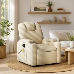 Massage Recliner Chair Manual Adjustable Cream Fabric Armchair 6 Vibration