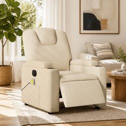 Electric Massage Recliner Chair Cream Fabric Armchair Adjustable Footrest