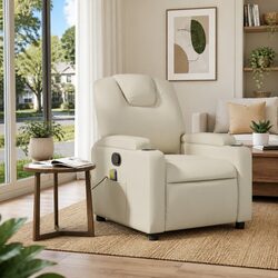Massage Recliner Chair Cream Faux Leather Manual Recline Vibration 6 Points