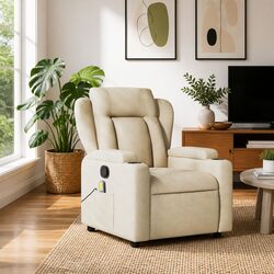 Massage Recliner Chair Cream Fabric Manual Recline Vibration 6 Points Armchair