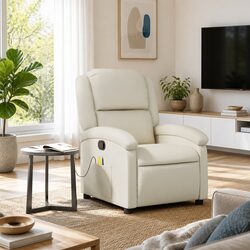 Massage Recliner Chair Cream Faux Leather Manual Recline Vibration 6-Point