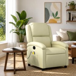 Massage Recliner Chair Cream Leather Manual Recline 6 Points Vibration Armchair