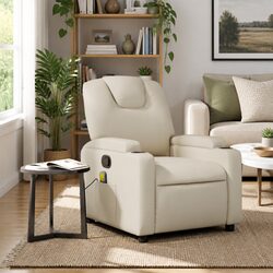 Massage Recliner Chair Manual Recline Armchair Cream Faux Leather Vibration