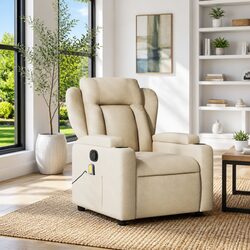 Massage Recliner Chair Cream Fabric Manual Recline Armchair Lounge with Cup