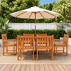 Outdoor Garden Chairs Set of 6 Brown Wooden Seat Armrests Backrest Patio